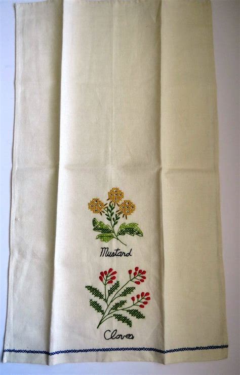 Hand Embroidered Herbs Tea Towel Mustard Plant Cloves Embroidery Dish