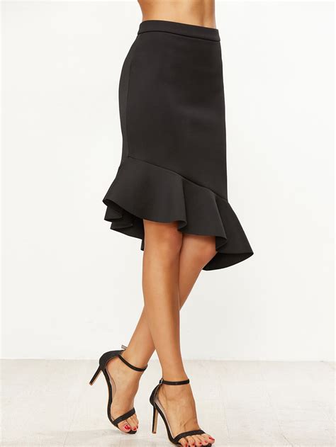 black ruffle hem asymmetric pencil skirt shein sheinside