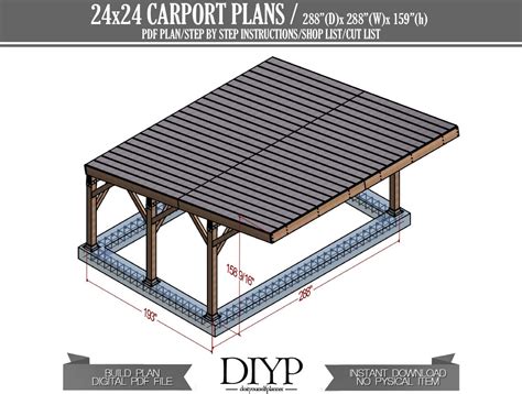 24x24 Carport Plans Diy Car Garage For Two Car Modern Etsy