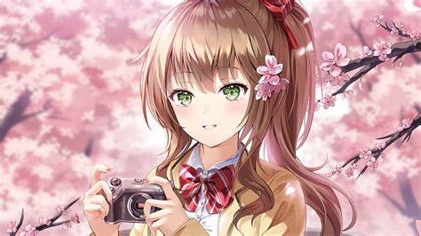 Green Eyes Brown Hair Anime Girl With Camera Sakura Blossom Tree Anime