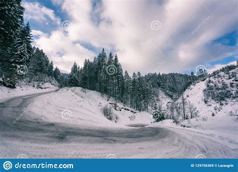 Narrow Winding Mountain Road In Snow Daytime Winter Landscape With