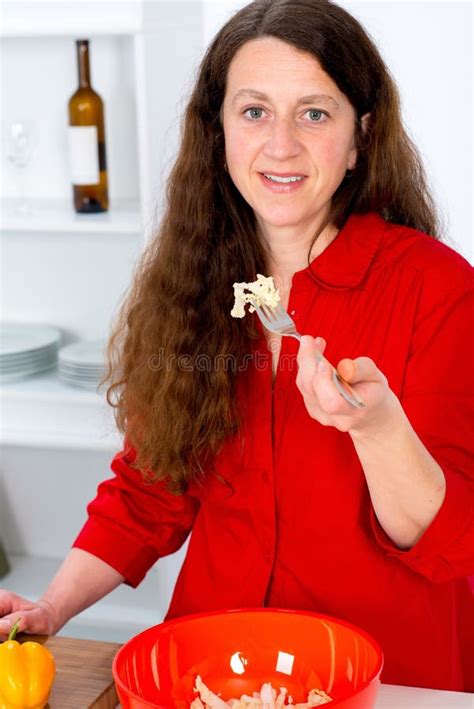 Dark Haired Woman In The Kitchen Stock Image Image Of Testing Person