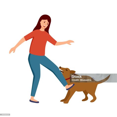 Aggressive Dog Biting Girl In Flat Design On White Background Stock