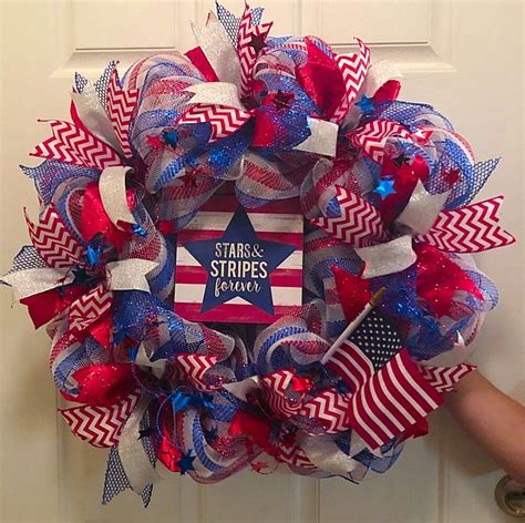 Red White And Blue 4th Of July Mesh Ribbon And Plaque Wreath Wreaths