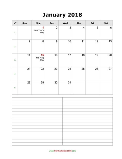 Blank Monthly Calendar 2018 With Notes Portrait Blank Monthly