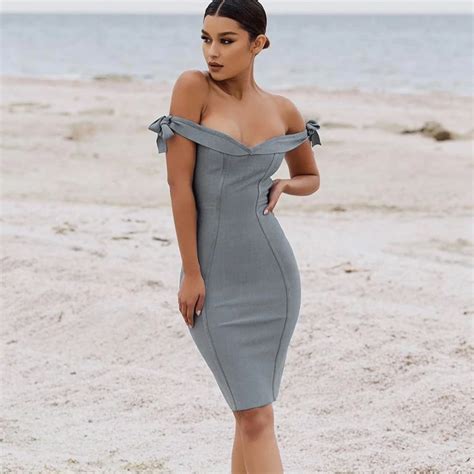 2017 Grey Sexy Off Shoulder Strapless Bodycon Dress Women Summer Dresses Bandage Short Cocktai