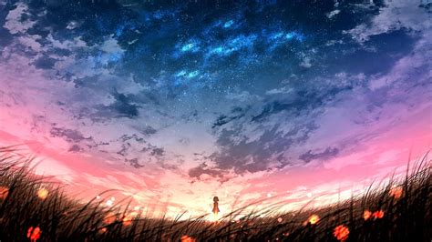 Anime Landscape Sunset Plants Field Sky Anime Girl Scenic Anime