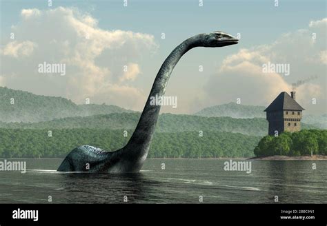 Nessie The Famed Lake Monster Of Loch Ness In Scotland Rears Out Of