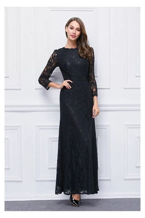 Black High Neck Lace Sleeve Long Formal Dress 79 Ck314