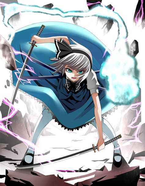 Video Games Touhou Blue Eyes Katana Tie Skirts Rocks Weapons