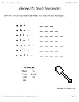 Minecraft Word Scramble Puzzle With A Shovel Levels Of Difficulty