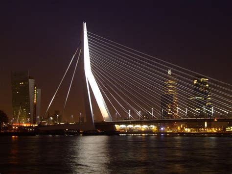 Rotterdam Netherlands Erasmus Bridge Light Up At Night