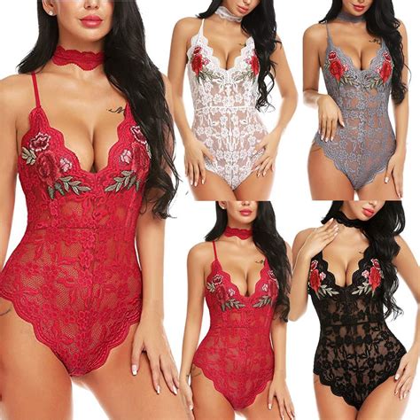 Fashion Sexy Women Lace V Neck Bodysuit Teddy Lingerie Jumpsuit Embroidery With Collar Uygun