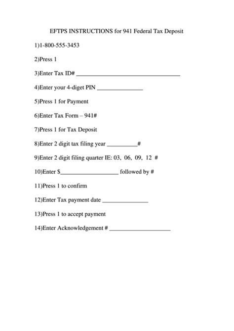 Eftps Instructions For 941 Federal Tax Deposit Printable Pdf Download
