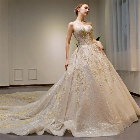 Luxury Gold Lace Strapless Ball Gown Wedding Dresses New In Wedding