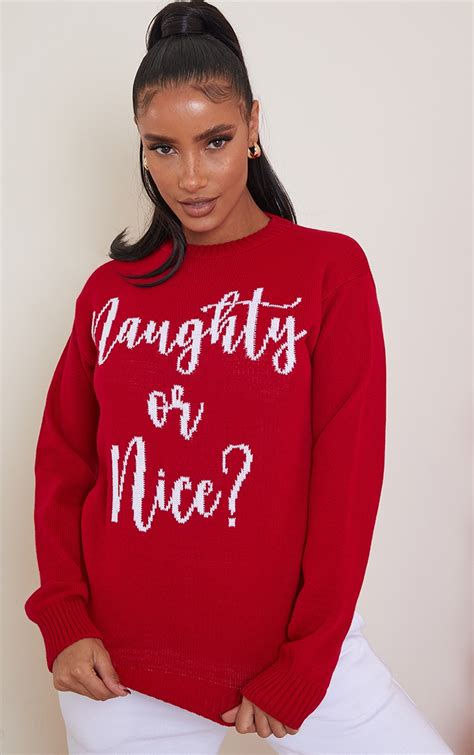 Red Naughty Or Nice Christmas Jumper Prettylittlething
