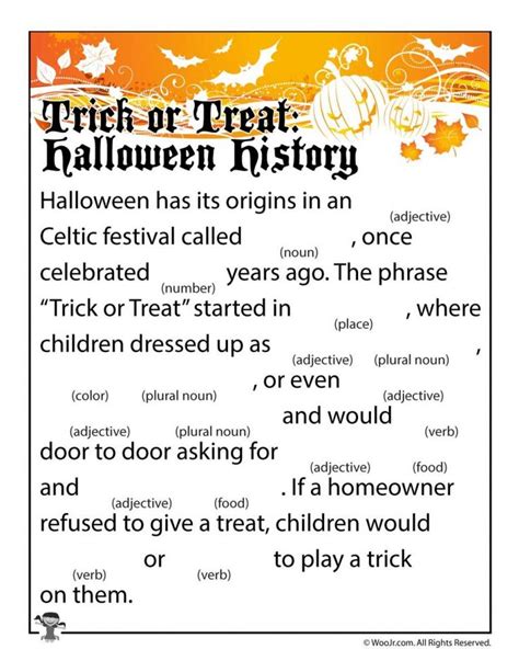 Trick Or Treat Halloween History Mad Lib Woo Jr Kids