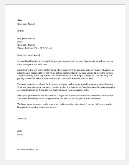 You set the standards to another level here. Letter to Sales Manager for Poor Performance | Word & Excel Templates