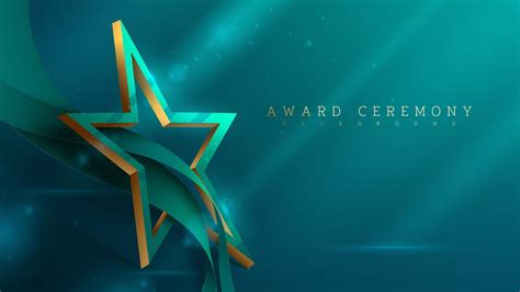 Award Ceremony Background And 3d Gold Star Shape With Green Ribbon