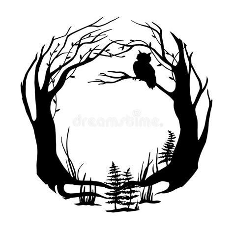 Vector Black And White Illustration Round Frame Magical Fairy Forest