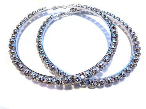 Large Crystal Hoop Earrings 3 5 Inch Clear Color Rhinestone Silver