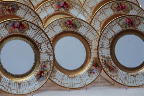 Set Of 12 Royal Doulton Hand Painted Dinner Plates Raised Gold At 1stdibs