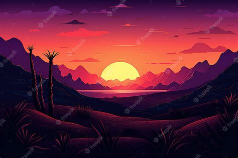 Hermosa Puesta De Sol Sobre Las Montañas Ilustración De Un Paisaje De Dibujos Animados Foto