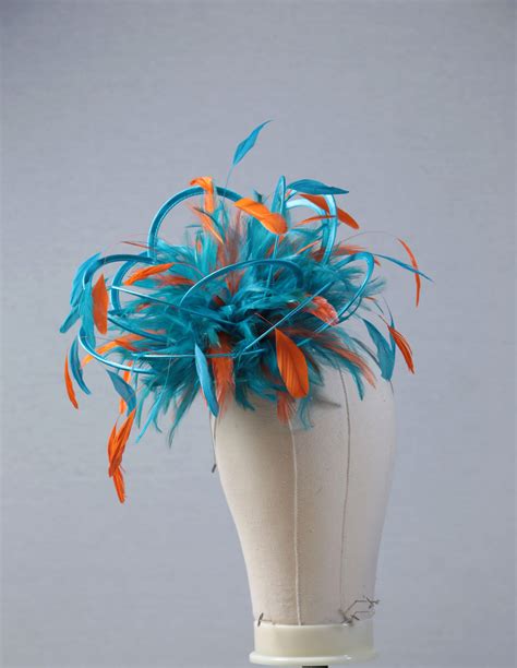 turquoise and orange medium satin and feather fascinator hat martha maighread stuart millinery