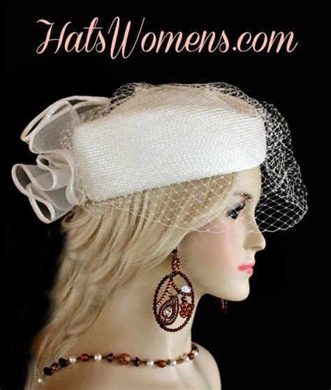 Ladies White Pillbox Veil Formal Designer Wedding Bridal Hat Womens