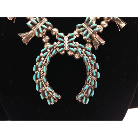 Zuni Petit Point Silver And Turquoise Squash Blossom Necklaces From
