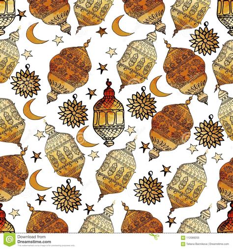 Hand Drawn Vector Ramadan Background Colorful Seamless Pattern Stock