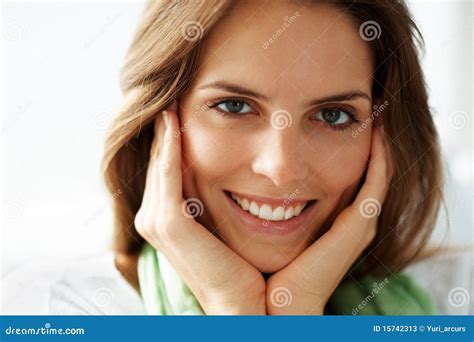 Young Woman Smiling With Her Hand On Cheeks Stock Image Image Of