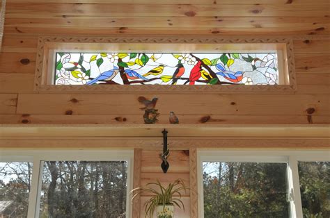 Bird Gathering And Blossoms Stained Glass Transom Window