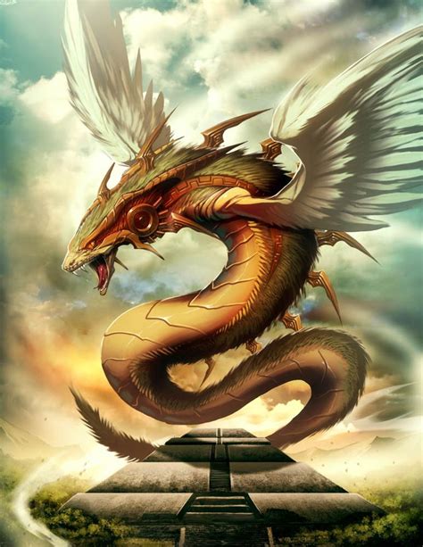 A Dragon With Wings On Its Back Flying Through The Air Over A Pyramid