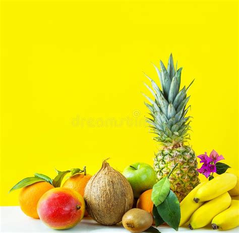 Different Tropical Summer Fruits Pineapple Mango Coconut Citrus
