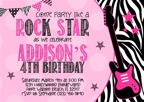 Rock Star 5x7 Invitation Girl Birthday Party Printable