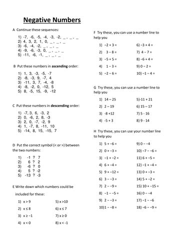 Negative Numbers Ks3 Worksheet With Answers Tes
