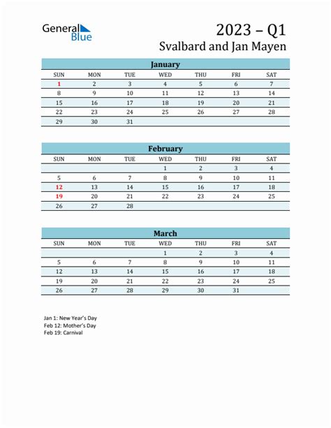Three Month Planner For Q1 2023 With Holidays Svalbard And Jan Mayen