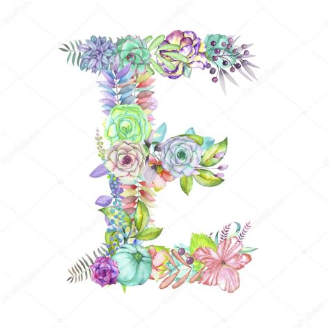 Capital Letter E Of Watercolor Flowers Isolated Hand Drawn On A White