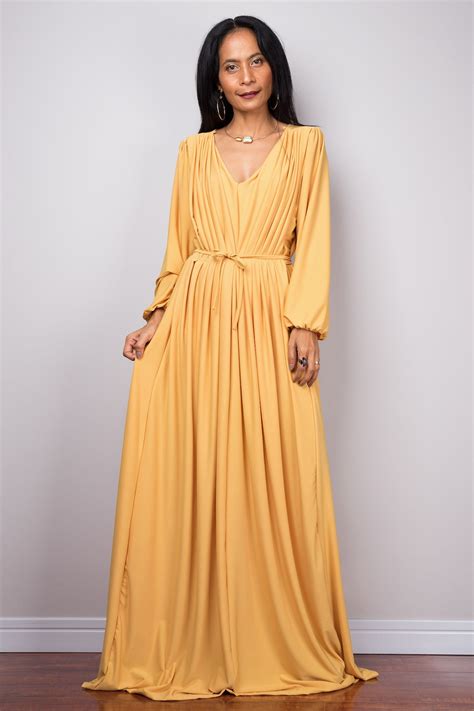 Yellow Dress Evening Maxi Dress Dress Long Sleeves Pleated Etsy