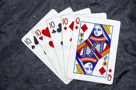 Five Playing Cards Four Of A Kind Tens And A Queen Stock Photo Image