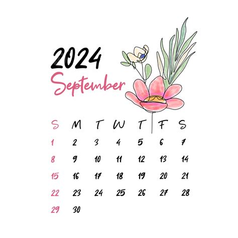 2024년 9월 꽃 달력 벡터 9월 꽃 달력 달력 2024 월간 달력 Png 일러스트 및 벡터 에 대한 무료 다운로드