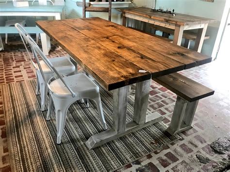 Rustic Farmhouse Table With Long Bench And Metal Chairs Provincial Brown Top Distressed White