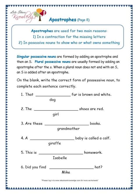 Grade Grammar Topic Apostrophe Worksheets Lets Share Knowledge Possessive Noun Worksheet