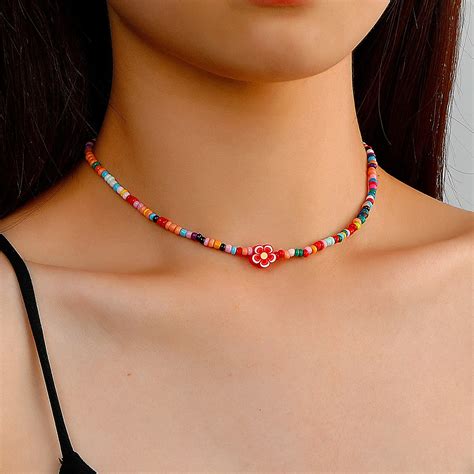 Chokers Bohemian Handmade Beads Necklaces For Women Girls Boho Colorful Clay Flower Clavicle