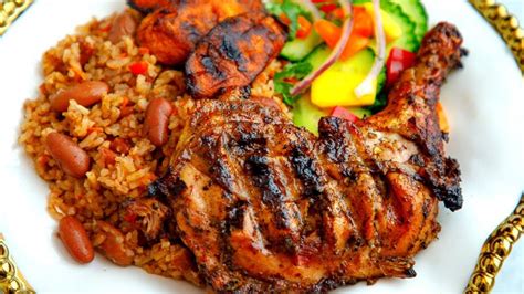 Juicy grilled jerk chicken drumsticks with a delicious caribbean rice & sweet mango salsa. Jerk Chicken, Rice & Beans & Fried Plantain - YouTube in ...