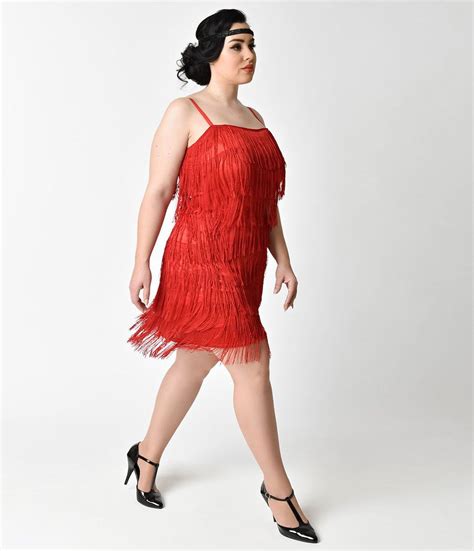 unique vintage plus size 1920s style red speakeasy tiered fringe flapper dress plus size