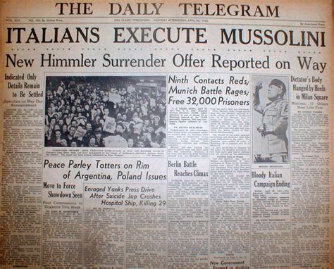 The british wanted mussolini dead because of his papers. 1945 WW II headline newspaper ITALIANS EXECUTE Italy ...
