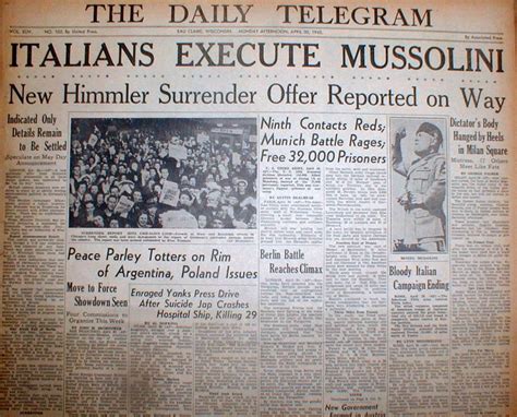 The death of benito mussolini, the deposed italian fascist dictator! 1945 WW II headline newspaper ITALIANS EXECUTE Italy ...