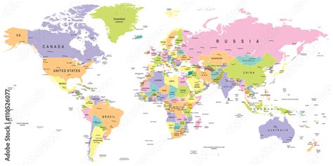 Photo And Art Print Colored World Map Borders Countries And Cities